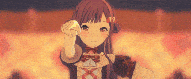 a girl with purple hair is pointing at the camera