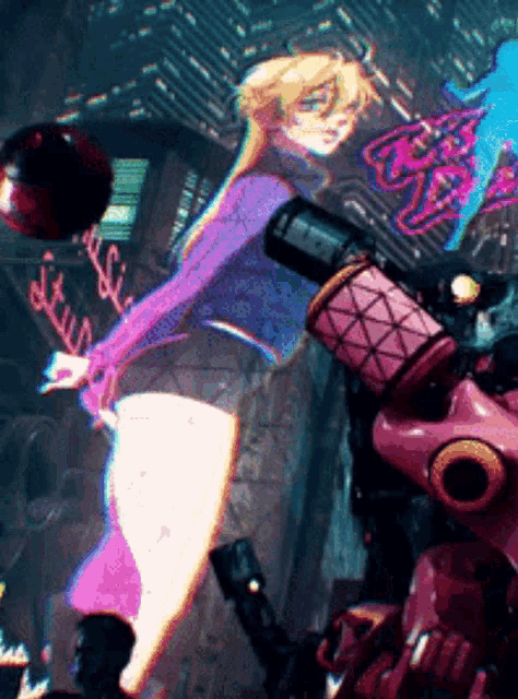 a girl in a purple sweater is standing next to a robot and a sign that says ' a ' on it