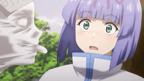a girl with purple hair is looking at a statue of a face