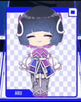 a cartoon of a girl with headphones on her head is standing on a checkered background .