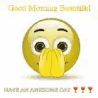 a smiley face is holding a red heart in its mouth and says `` good morning beautiful '' .