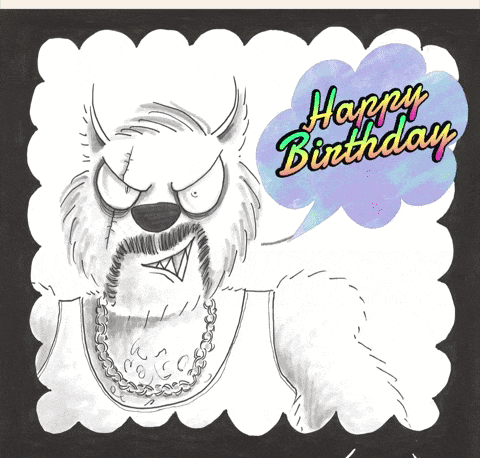 a drawing of a werewolf with a speech bubble that says " happy birthday "