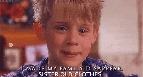 a young boy in a plaid shirt is crying and says `` i made my family disappear sister old clothes '' .