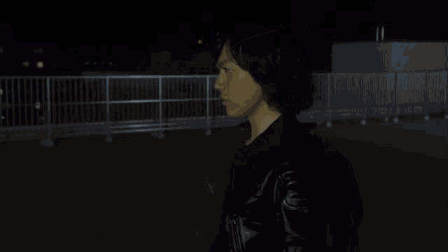 a man in a black jacket stands in front of a fence at night