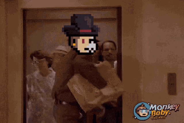a pixel art of a man in an elevator with the words monkey baby written on the bottom