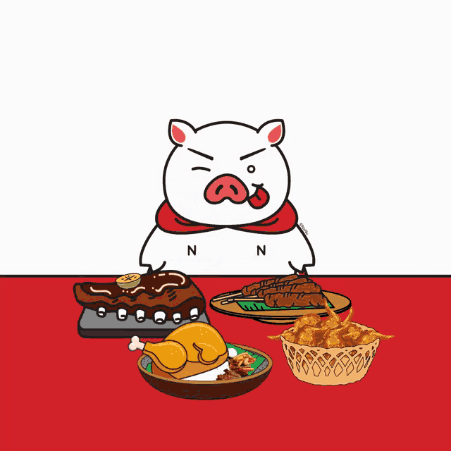 a cartoon pig with the letter n on his shirt is sitting at a table with food