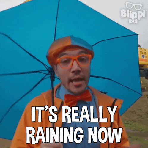a man holding an umbrella with the words it 's really raining now