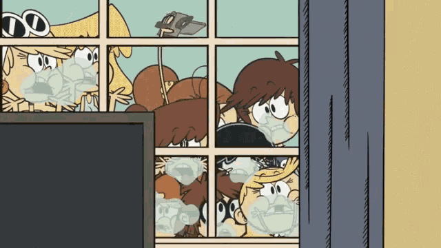 a group of cartoon characters looking out a window