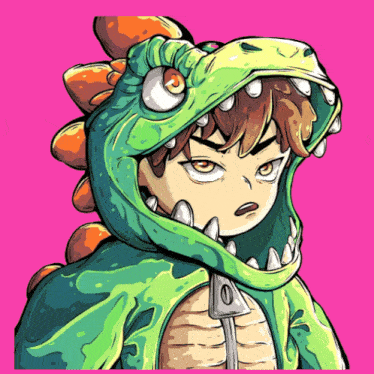 a cartoon of a boy in a dinosaur costume