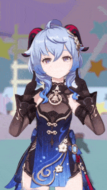 a girl with blue hair and horns is giving a thumbs up sign