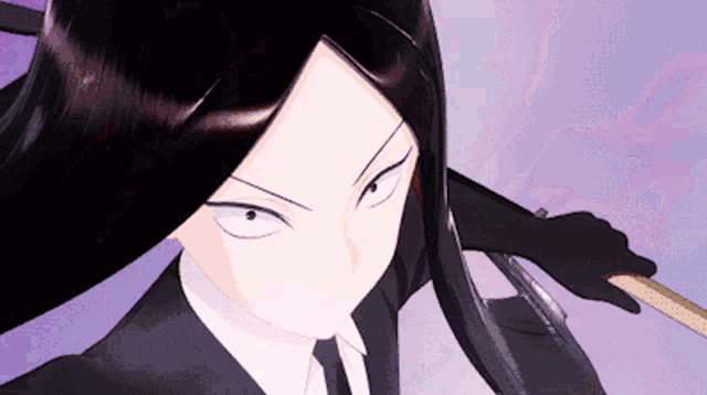 a woman in a suit and tie holds a sword