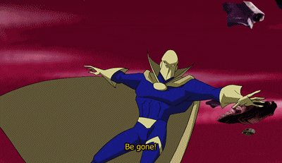 a cartoon character says be gone while holding a large axe