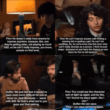a collage of four images of finn talking to duffer