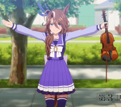 a girl in a purple dress is holding a violin in front of a sign that says 3