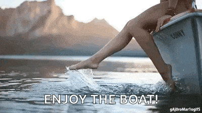 a woman is sitting in a boat in the water with the words enjoy the boat written on the bottom