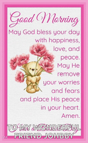 a good morning card with a teddy bear holding a bouquet of pink flowers