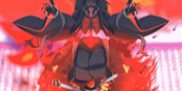 a pixel art illustration of a samurai holding two swords in a red background .