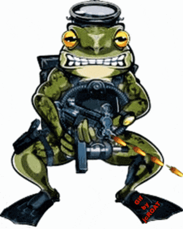 a frog is holding a gun and wearing a goggles