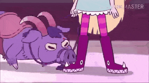 star butterfly is standing next to a purple pig with horns .