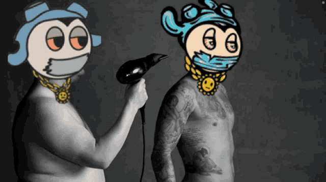 a cartoon character is holding a hair dryer next to a shirtless man with tattoos