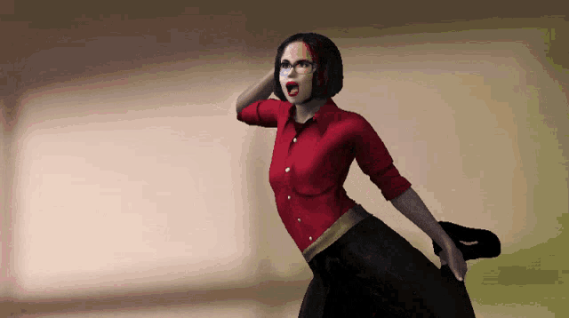 a woman in a red shirt is holding a black bag that says triumph on it