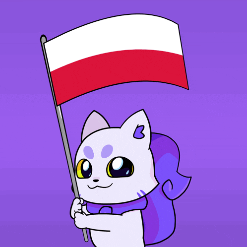 a cartoon cat holding a red and white flag with the letter b on it