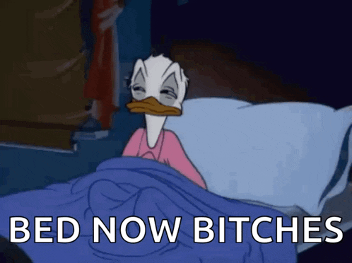 a cartoon of donald duck in bed with the words bed now bitches below him