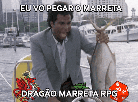 a man holding a large fish with the words eu vo pegar o marreta rpg
