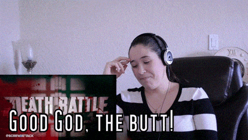 a woman wearing headphones reacts to a death battle video