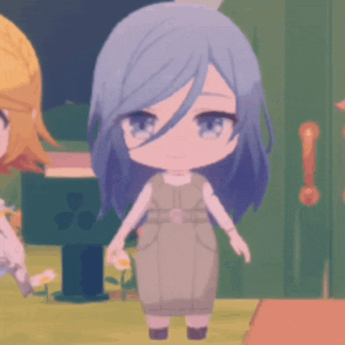 a little girl with blue hair and blue eyes is standing in a room holding a flower .