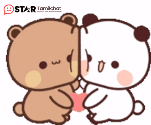 a couple of teddy bears sitting next to each other with star tamilchat in the corner