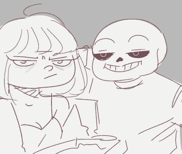 a drawing of a skeleton and a girl with a very angry look on their faces