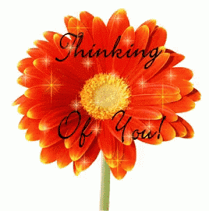 an orange flower with the words " thinking of you " on it