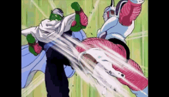 piccolo is kicking a man in a pink outfit in a cartoon .