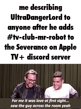 two men are sitting next to each other and laughing in front of a screen that says me describing ultradangerlord