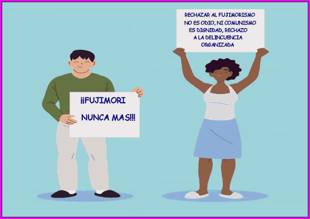 a man and a woman are holding up signs against fujimori