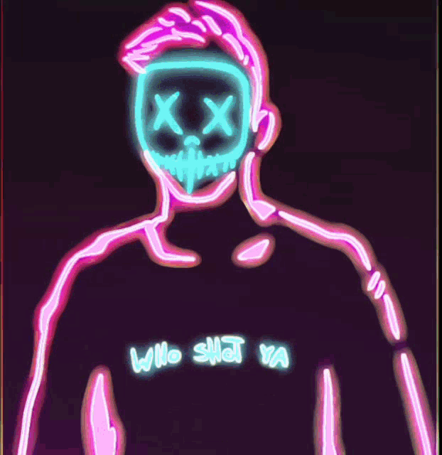 a drawing of a man wearing a neon mask that says " who shot ya " on it