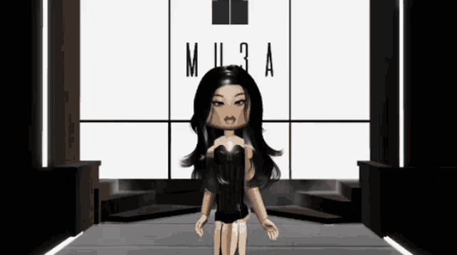 a woman in a black dress is standing in front of a wall that says muza