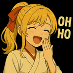 a girl with blonde hair is laughing and covering her mouth with her hand and the words oh ho behind her
