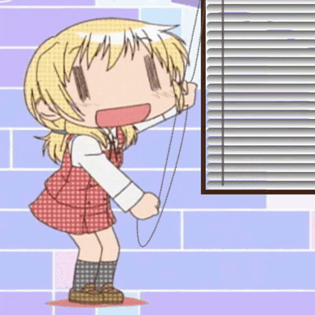 a girl in a red dress is pulling a blind