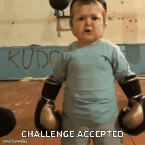 a baby wearing boxing gloves with the words challenge accepted on the bottom