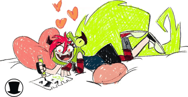 a drawing of a person laying on a bed with a pencil and a green monster