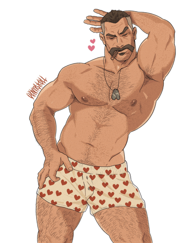 a drawing of a shirtless man with hearts on his shorts says pantystaff