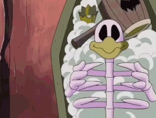 a cartoon character is laying in a coffin