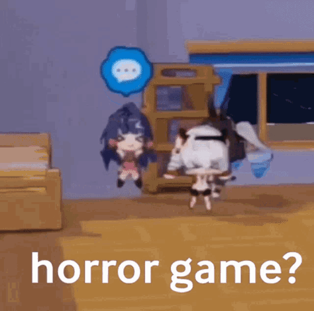 a video game character is talking to another character in a room with the words `` horror game '' .