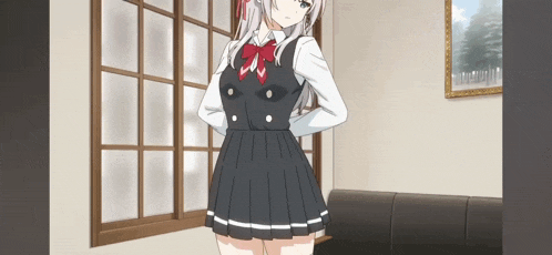 a girl in a school uniform is standing in front of a window in a living room