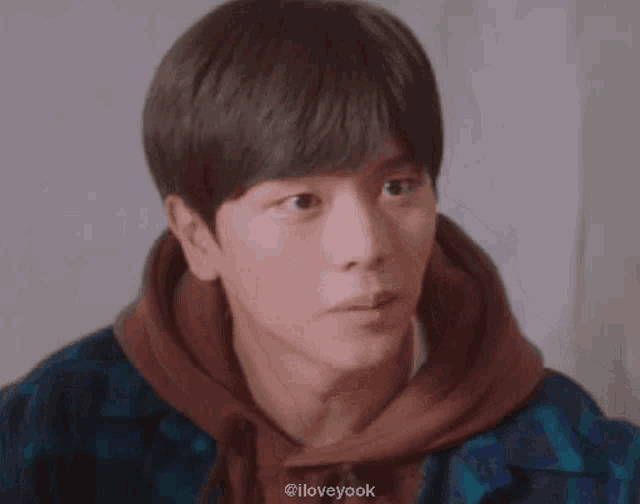 a young man wearing a hoodie and a plaid shirt is looking at the camera .