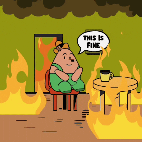 a cartoon of a bear sitting in front of a fire saying " this is fine "