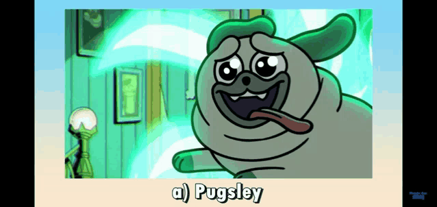 a cartoon of a pug named pugsley with his tongue hanging out