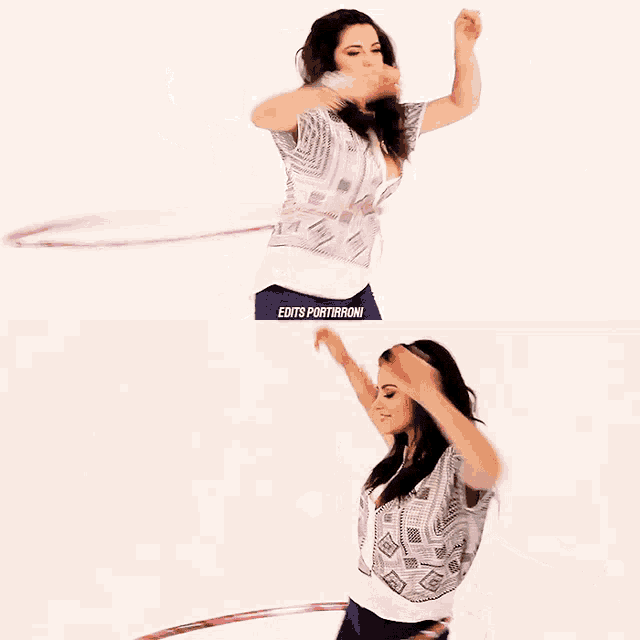a woman is playing with a hula hoop and the caption says edit portthorn